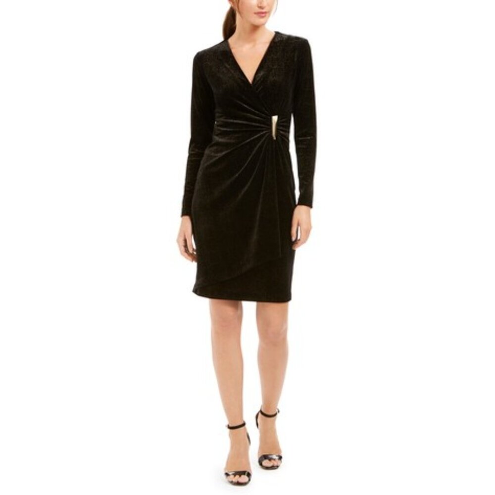 Calvin Klein Elegant Velvet BLACK Faux Wrap EZ Fit Sheath…